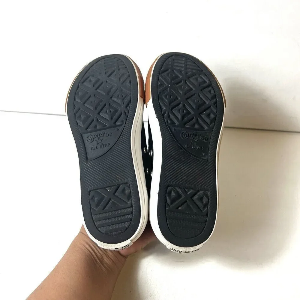 Converse All Star Kids Sz 2 Black Leather Low Top Lace Up Comfort Casual Sneaker